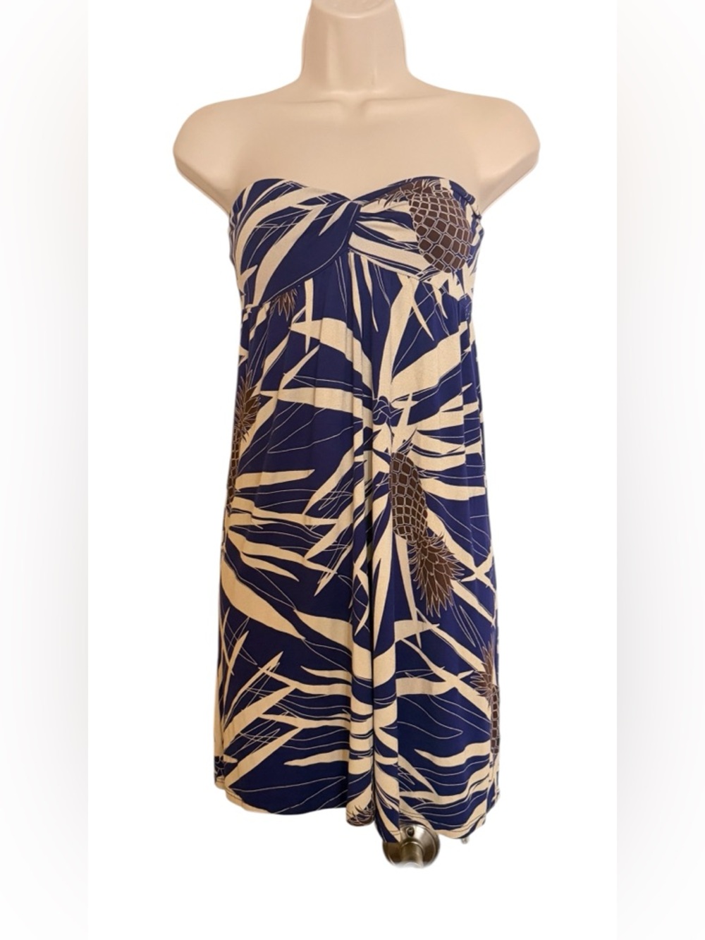 Fighting Eel Navy and Cream Tropical Strapless Mini Dress